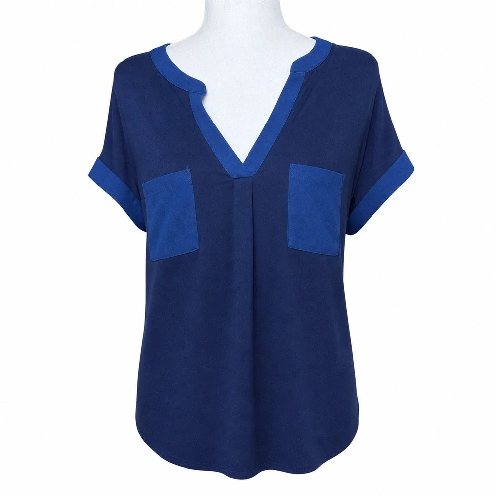 Cable & Gauge Blouse Womens XL Navy Blue Good Button Back V-Neck Short Sleeve - Picture 7 of 9